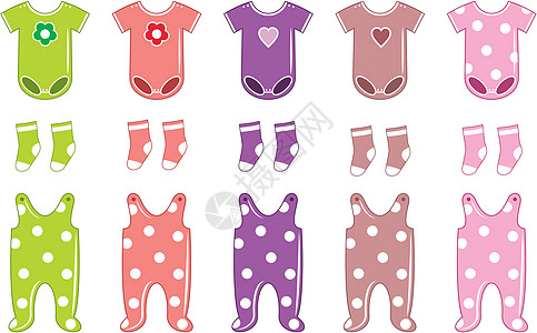 一套婴儿衣物紫色服装粉色衣服连身衣绘画图纸绿色连体衣纺织品图片