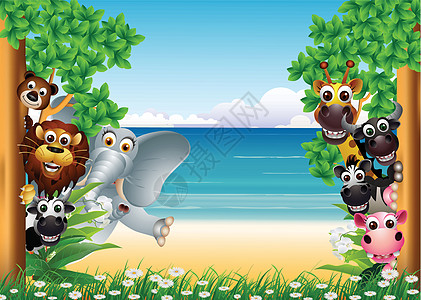 具有热带海滩背景的滑稽动物漫画图片