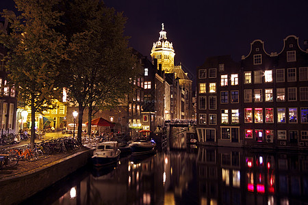 夜间从荷兰阿姆斯特丹到荷兰的城市风景运河自行车地标风光城市街道房子建筑运输建筑学图片