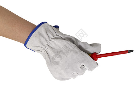 带螺丝起子的手套手爱好工作服宏观手势皮肤皮革设备白色定位螺丝刀图片
