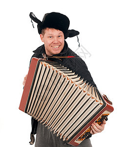 手风琴的俄罗斯人男人古董毛皮男性帽子玩家脖子音乐手臂演奏家图片