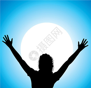 举手的女孩蓝色祷告手指女士精神插图卷曲女性宗教冥想图片
