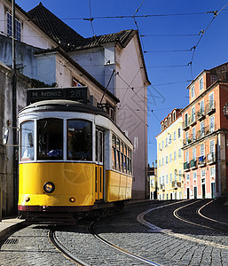 里斯本Tram街景黄色场景市中心运输电车城市乡愁街道城市生活图片