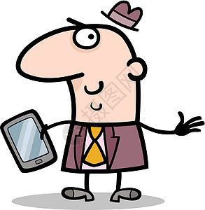 使用平板 Pc 卡通插图的男子漫画经济屏幕电话人士互联网套装领带商务男人图片