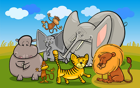 非洲野生野生动物漫画插图野兽动物园狮子老虎河马教育天空快乐卡通片吉祥物大草原图片