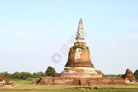 Ayutthaya历史公园被毁坏的古老古寺庙中的古塔天空遗产公园雕像森林精神纪念碑历史建筑地标图片