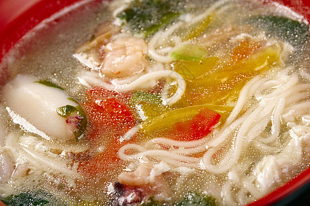 中国传统海鲜面面粉汤对虾蔬菜叶子洋葱香葱食物乌贼美食拉面胡椒图片