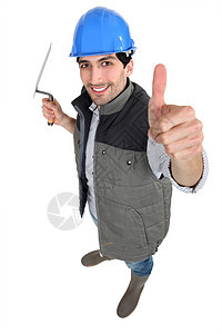 工匠 大拇指举起建造男人技术员手势职业零售商建筑安全帽衬衫修理工图片