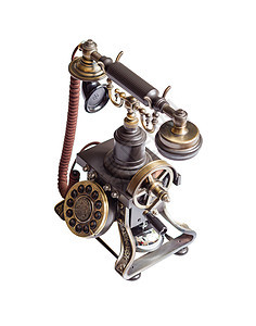 孤立的复古电话电缆绳索木头历史金属讲话装饰品耳机历史性扬声器图片