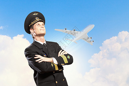 男性飞行员形象空气客机航空商业队长相机帽子飞机场男人服务图片