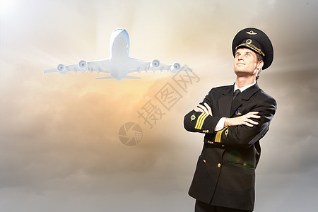 男性飞行员形象男人飞机场相机服务客机旅行运输蓝色航天职业图片