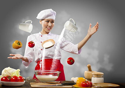 亚洲女性用魔法烹饪手指食物女士成人胡椒魅力帽子蔬菜牛奶饮食图片