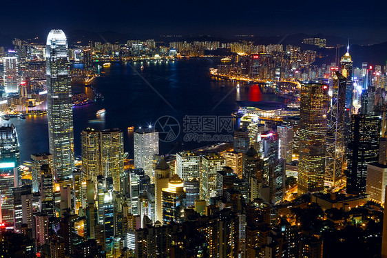 香港市之夜天空地标玻璃城市景观顶峰旅游建筑摩天大楼码头图片