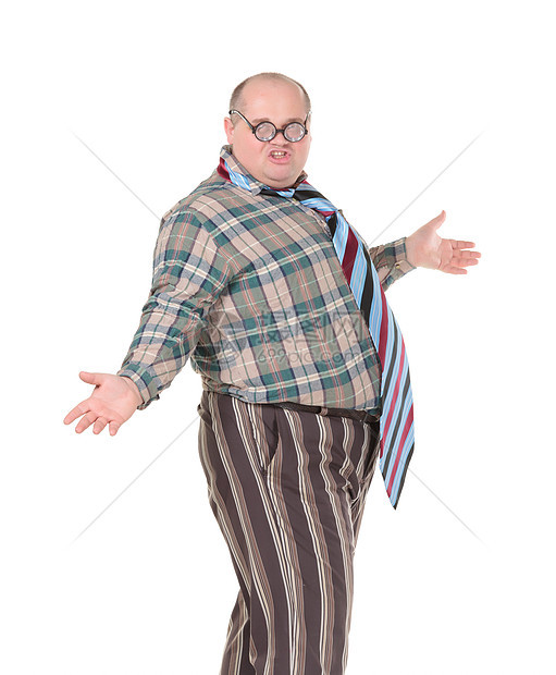 肥胖男子 有令人憎恶的时装感漫画小丑眼镜脂肪男性喜剧演员白色领带快乐大肚腩图片