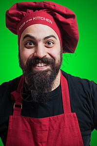 快乐的胡须胖胖大厨食物手势男人厨房胡子微笑餐厅工人职业烹饪图片