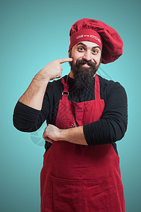 快乐的胡须胖胖大厨男人工人职业微笑厨师食物烹饪厨房手势餐厅图片