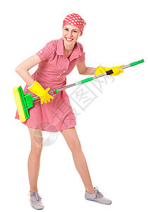 白着拖把的花花女看门人衣服扫帚塑料工具洗涤家政地面清洁工卫生图片