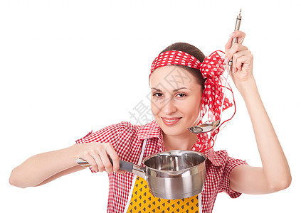 玩弄家庭主妇 拉着吊盘和锅盘成人微笑厨房内衣烹饪衣服厨师女性快乐炊具图片