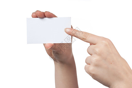 手持空来客卡并指向Isolat的妇女商业海报会议拇指推介会就业问候语边界人士手指图片