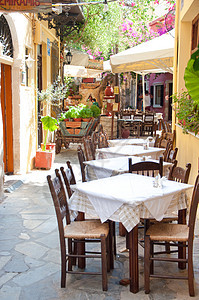 Greek酒馆花朵桌子街道咖啡店编织椅子餐厅岛屿咖啡馆石膏图片