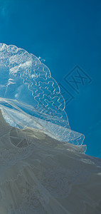 结婚礼服和遮蓝天空的面纱女性长袍白色生活薄纱婚姻活力女士衣服花朵图片