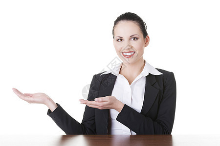 商业女性在手掌上展示复制空间广告手臂成人情绪化人士微笑快乐商务手势产品图片
