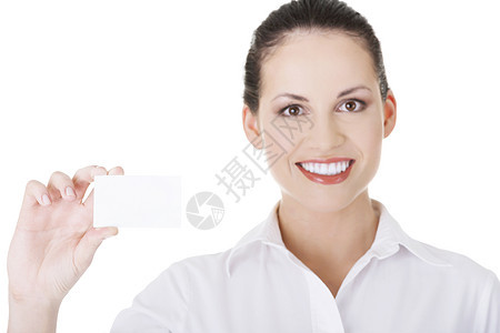 带着名片的美丽笑容女商务人士老板人士身份展示手指管理人员成功广告成人工作图片