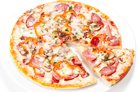 美味的意大利辣椒尼披萨蔬菜午餐糕点送货食物餐厅火腿圆圈面团宏观图片