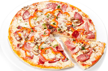 美味的意大利辣椒尼披萨盘子育肥美食洋葱午餐糕点火腿宏观食物脆皮图片