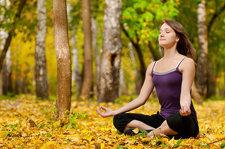 在秋季公园做瑜伽锻炼的妇女森林冥想数字姿势女士喜悦运动季节卫生体操图片