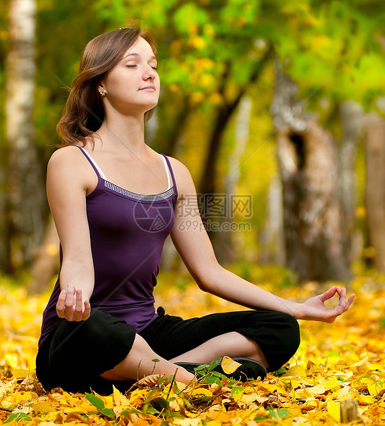 在秋季公园做瑜伽锻炼的妇女保健姿势女性叶子专注农村冥想平衡体操娱乐图片