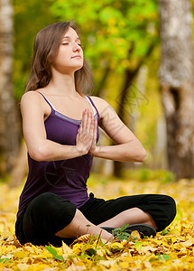 在秋季公园做瑜伽锻炼的妇女保健卫生专注森林姿势喜悦娱乐身体花园女士图片