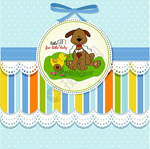 带狗和鸭玩具的婴儿淋浴卡卡通片动物礼物派对惊喜朋友们纪念日婴儿车喜悦框架图片