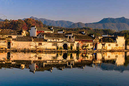 安徽宏村风景住宅池塘建筑学建筑旅游地点反射地标房子图片