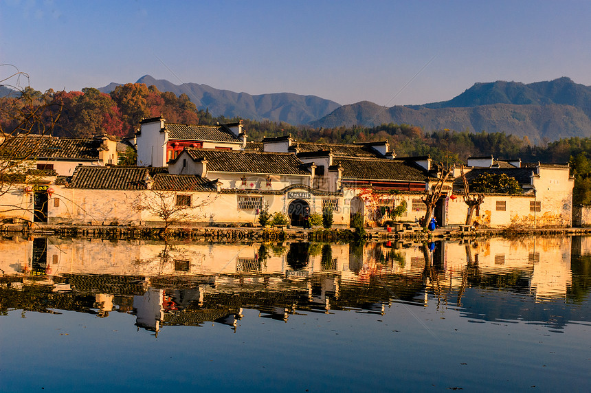 安徽宏村风景住宅池塘建筑学建筑旅游地点反射地标房子图片