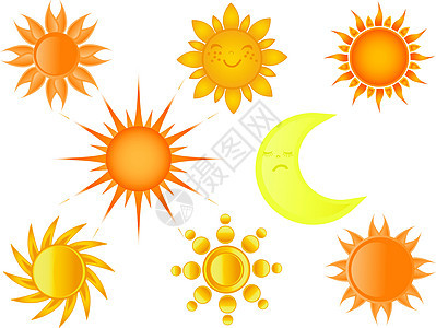 太阳收藏 矢量插图阳光天气日落气候温度微笑射线辉光卡通片活力图片