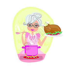 外祖母煮汤和鸡肉服务图片