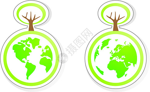 矢量生态循环利用图标 标志 标志或贴树标签 世界地球以白色背景与阴影和两个地球隔绝图片