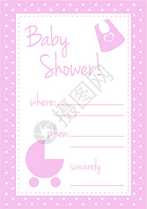 矢量婴儿淋浴卡或邀请有可爱女孩的派对邀请 粉红色波尔卡点背景和白色地方张贴短信图片