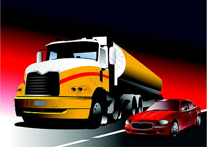 汽车和卡车在路上 矢量插图金属燃料载体毒蛇力量驾驶司机保险杠绘画日落图片