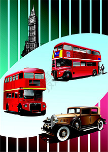 Retro Broun汽车和两辆伦敦双双Decker大客车背景图片