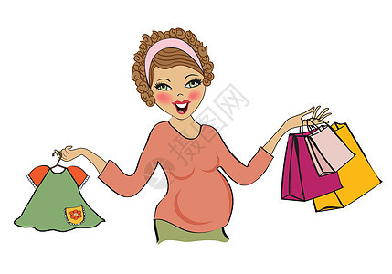 购物时快乐的孕妇 孤立在白种背景上喜悦怀孕母性母亲插图头发衣服店铺女性婴儿图片