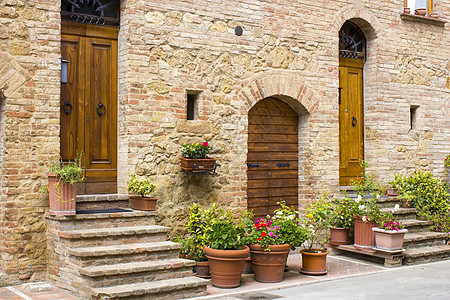 意大利皮恩扎可爱的图斯卡人街乡村花盆植物街道花语房子国家历史性传统角落图片