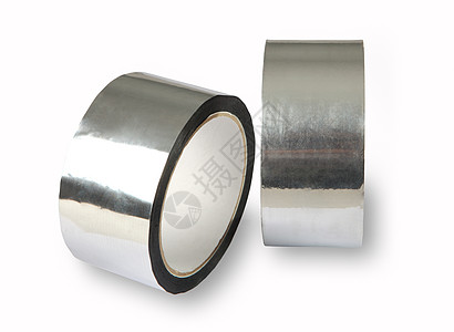 铝胶带 金属箔胶带 两卷具有金属光泽的照片 白色背景上的孤立图像图片