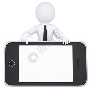 3D白人男子对智能手机指手指脚展示电话屏幕身子互联网技术白色礼物动物脑袋图片