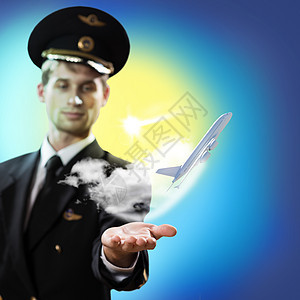 以向飞机伸出一只手的形式进行试验微笑航空飞机场客机商业引擎问候语全体帽子蓝色图片