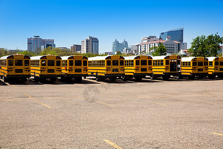 休斯顿典型的美国校车后方风景高清图片