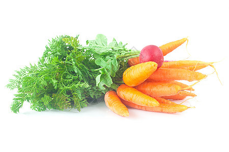 一大堆胡萝卜 绿色叶子和萝卜 孤立在白色上蔬菜烹饪饮食营养食物橙子团体花园沙拉植物图片
