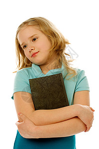 带书的女孩小姑娘手臂微笑人类一个女孩金子青少年绿色学习快乐背景图片