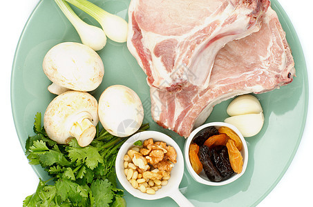 带有成分的猪排饮食绿色食用菌香菜美食家红肉白色生食青菜猪肉图片